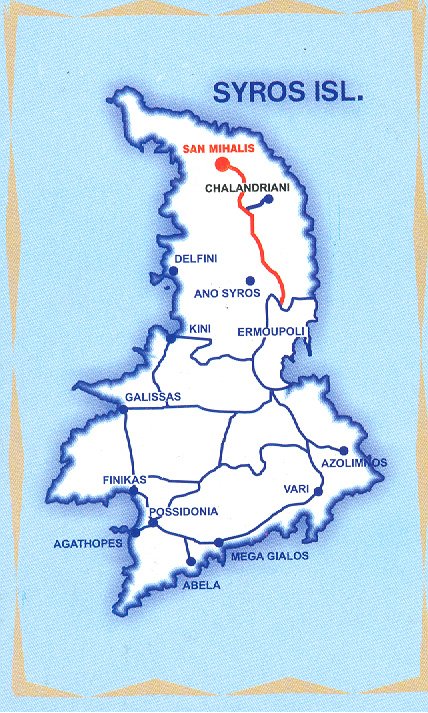San Mihalis, Chalandriani, Delfini, Ano Syros, Kini, Ermoupoli, Galissas, Finikas, Azolimnos, Vari, Possidonia, Agathopes, Mega Gialos, Abela